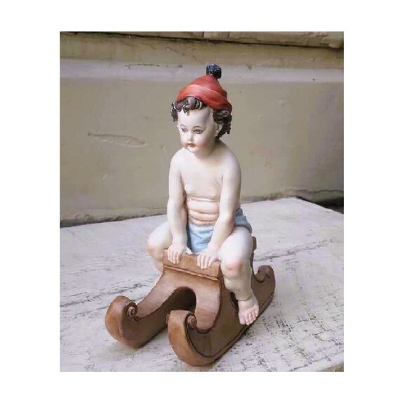 Vintage Capodimonte Porcelain Bisque Figurine Boy on Sledge by Tiche Tosca Italy - Picture 2 of 8